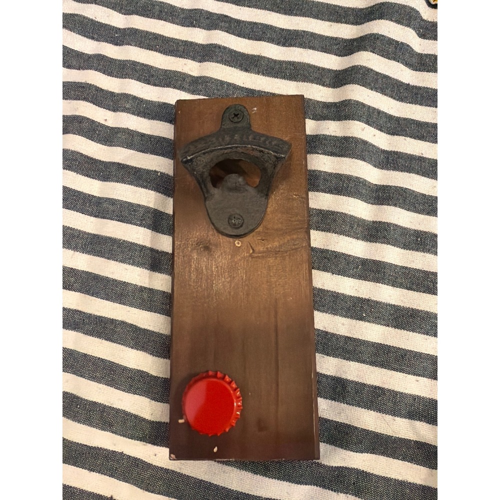 Sharper Image Wall Mounted Magnetic Bottle Opener Rustic Wood Cast Iron Bar Tool